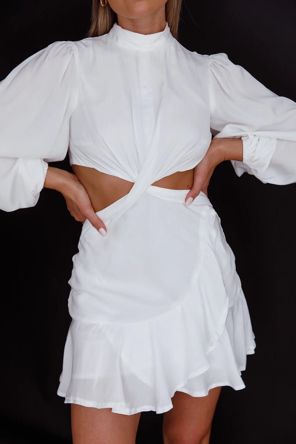 Feels Like Home Long Sleeve Cut-Out Dress White