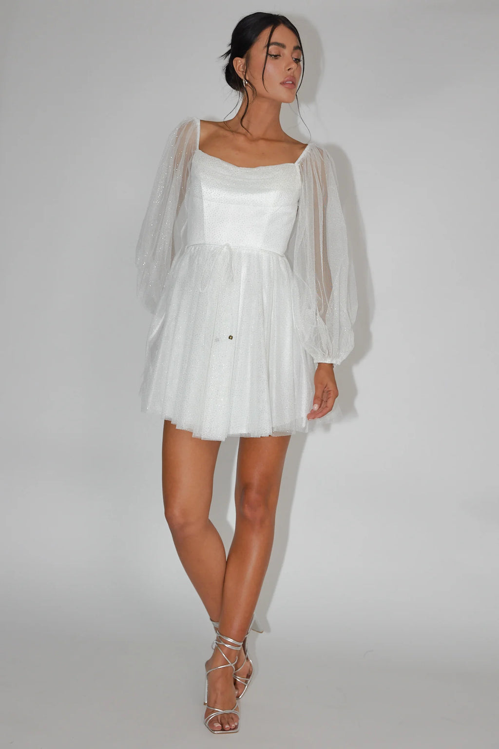 Fairytale Dream Pleat Neckline Mini Dress Sparkle White/Gold