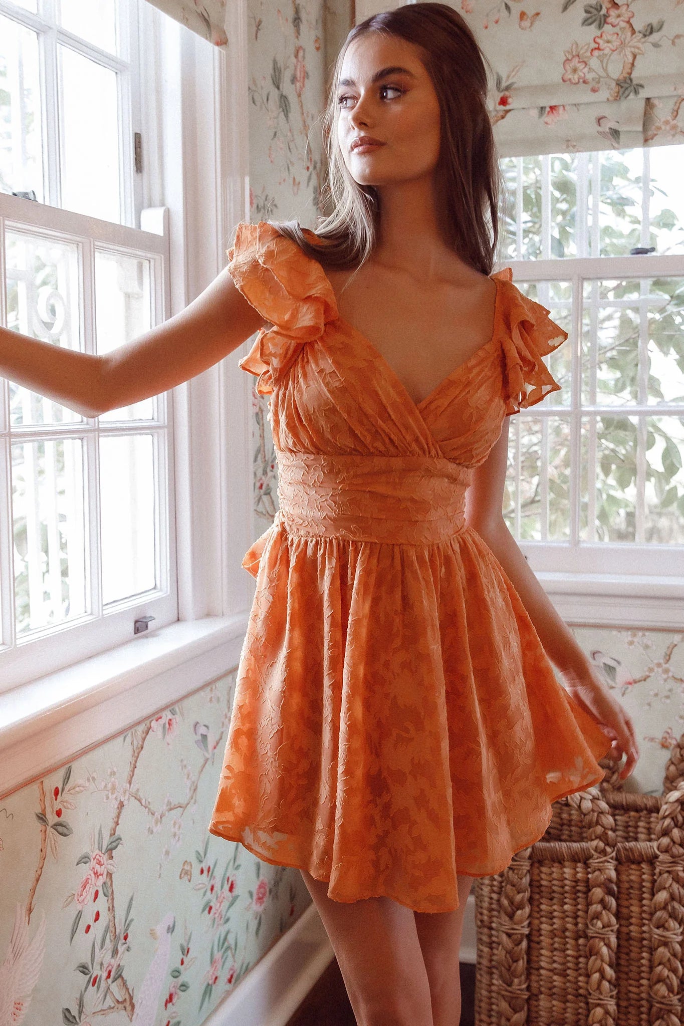 Lola Ruffle Shoulder Ruched Dress Textured Orange