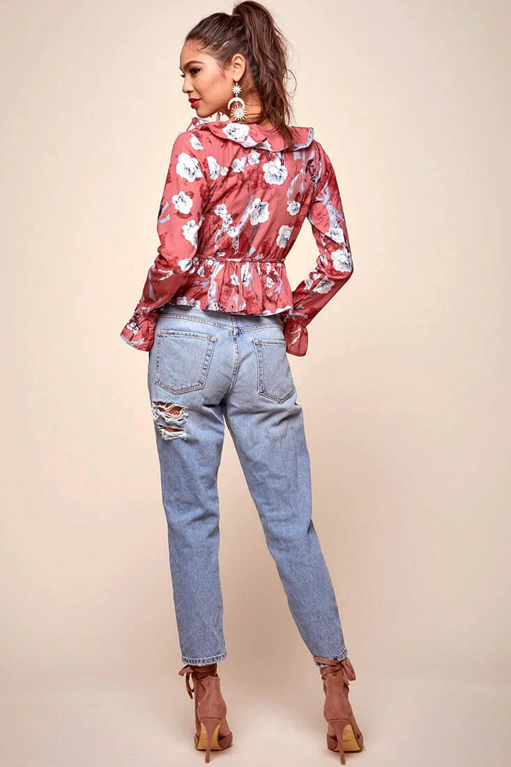 Bellamy Ruffled Bell Sleeve Floral Top Red