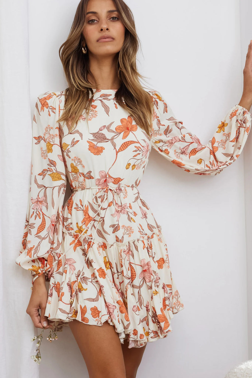 Rosabel Balloon Sleeve Fluted Hem Dress Vintage Floral Print Beige