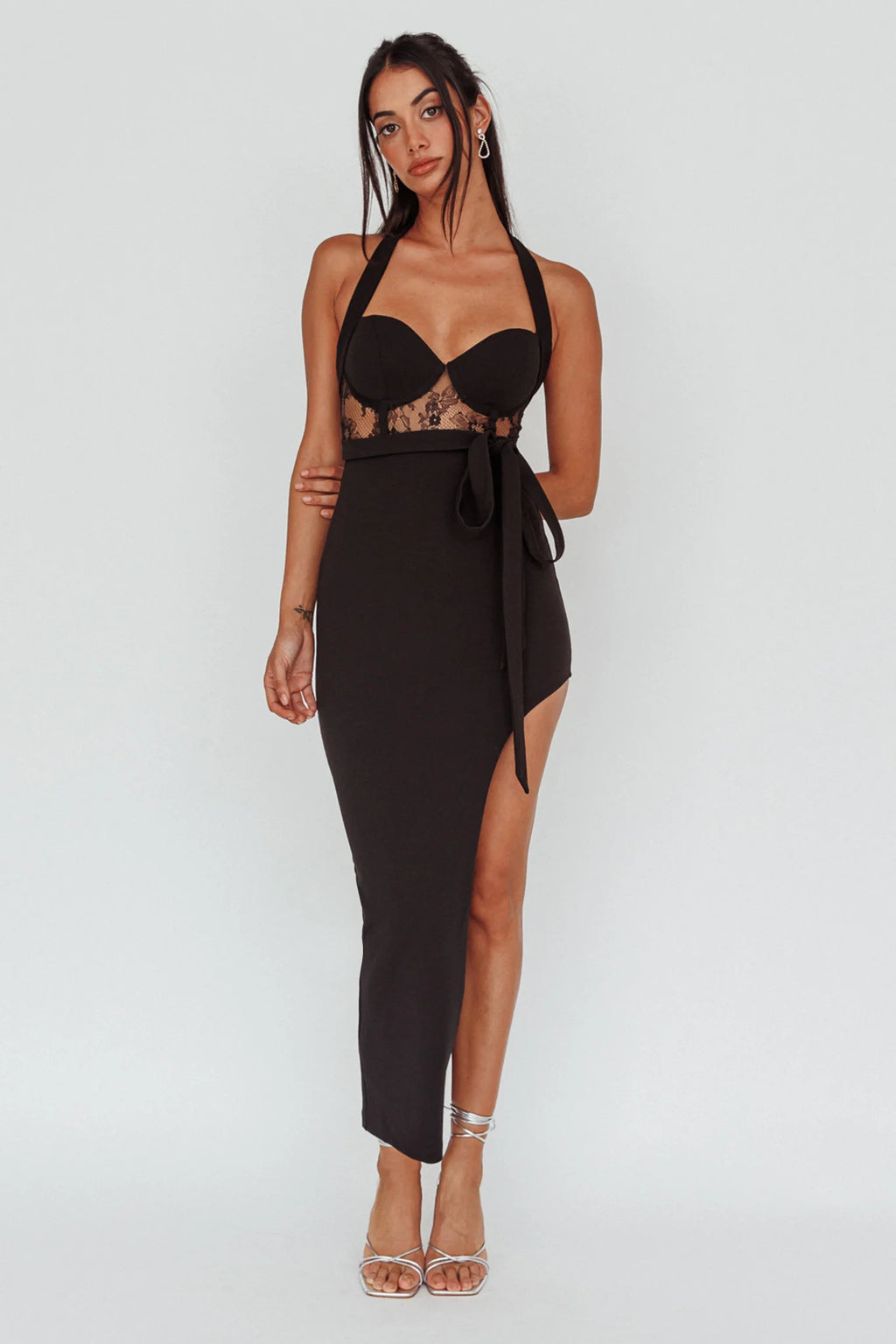Jonetta Lace Insert Halterneck Midi Dress Black