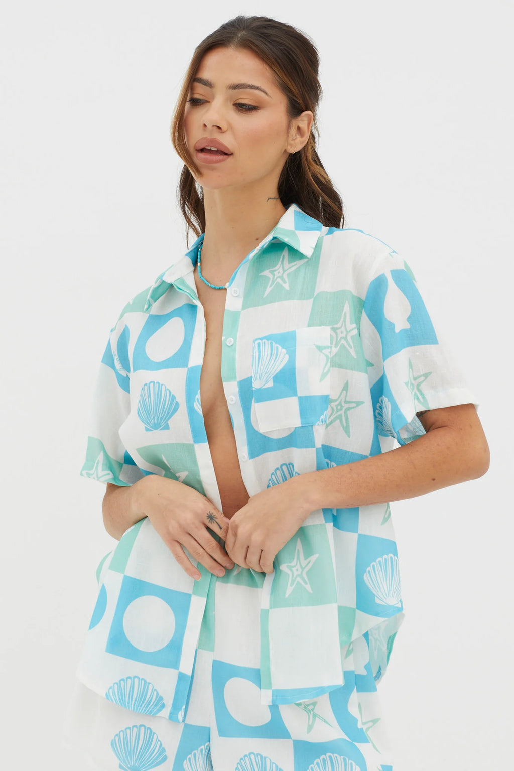 Just A Hunch Button Shirt Shell Print Green Multi