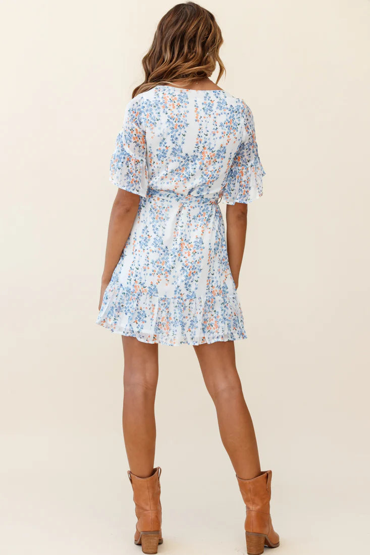 Azealia Ruffle Hem Dress Floral Spring Print White