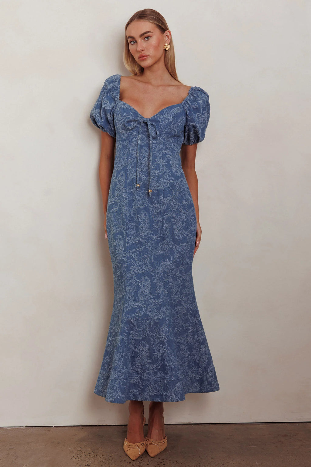 Feeling Electric Puff Sleeves Mermaid Maxi Dress Denim Blue