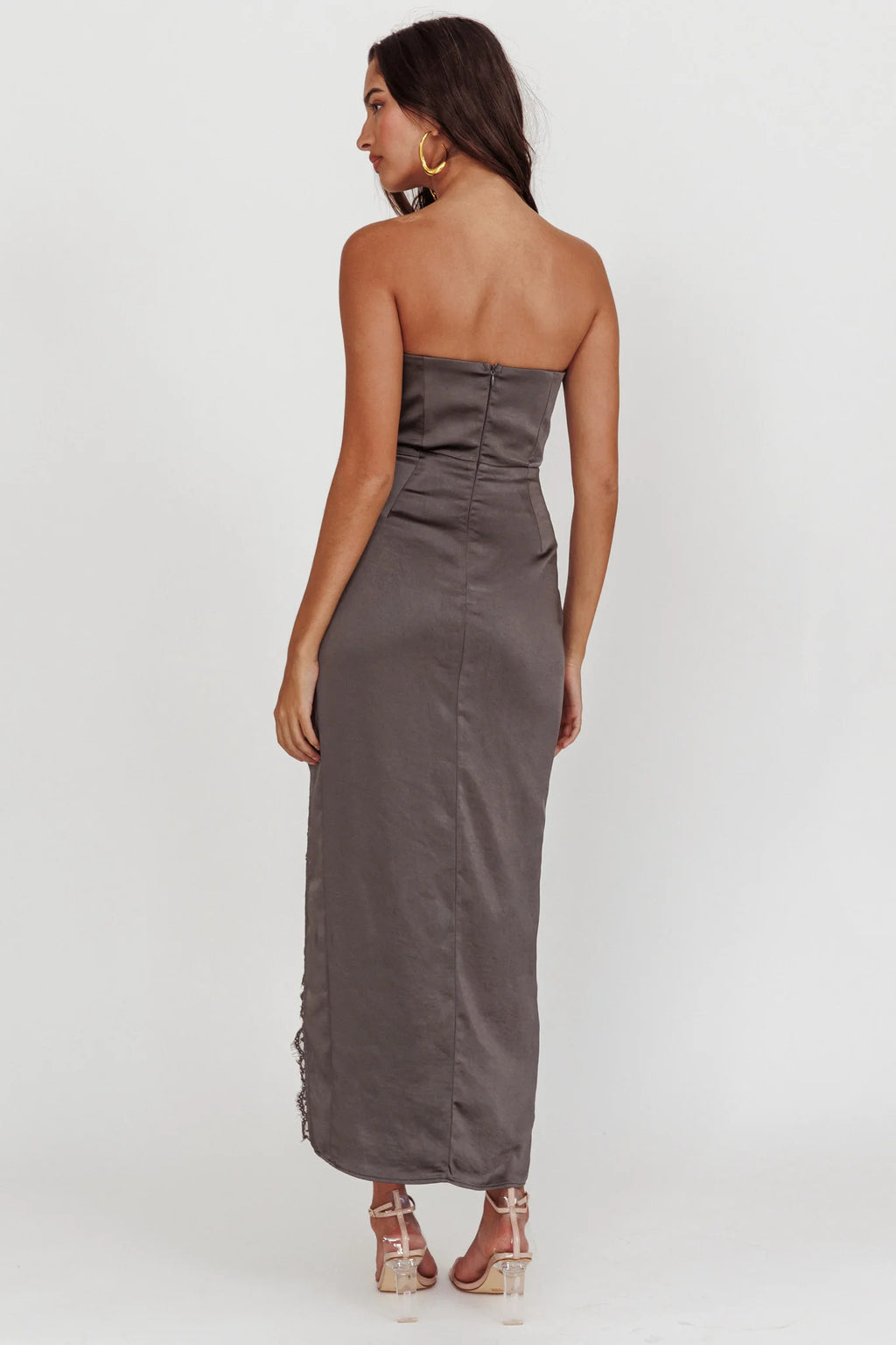 Winter Moon Strapless Lace Trim Midi Dress Charcoal