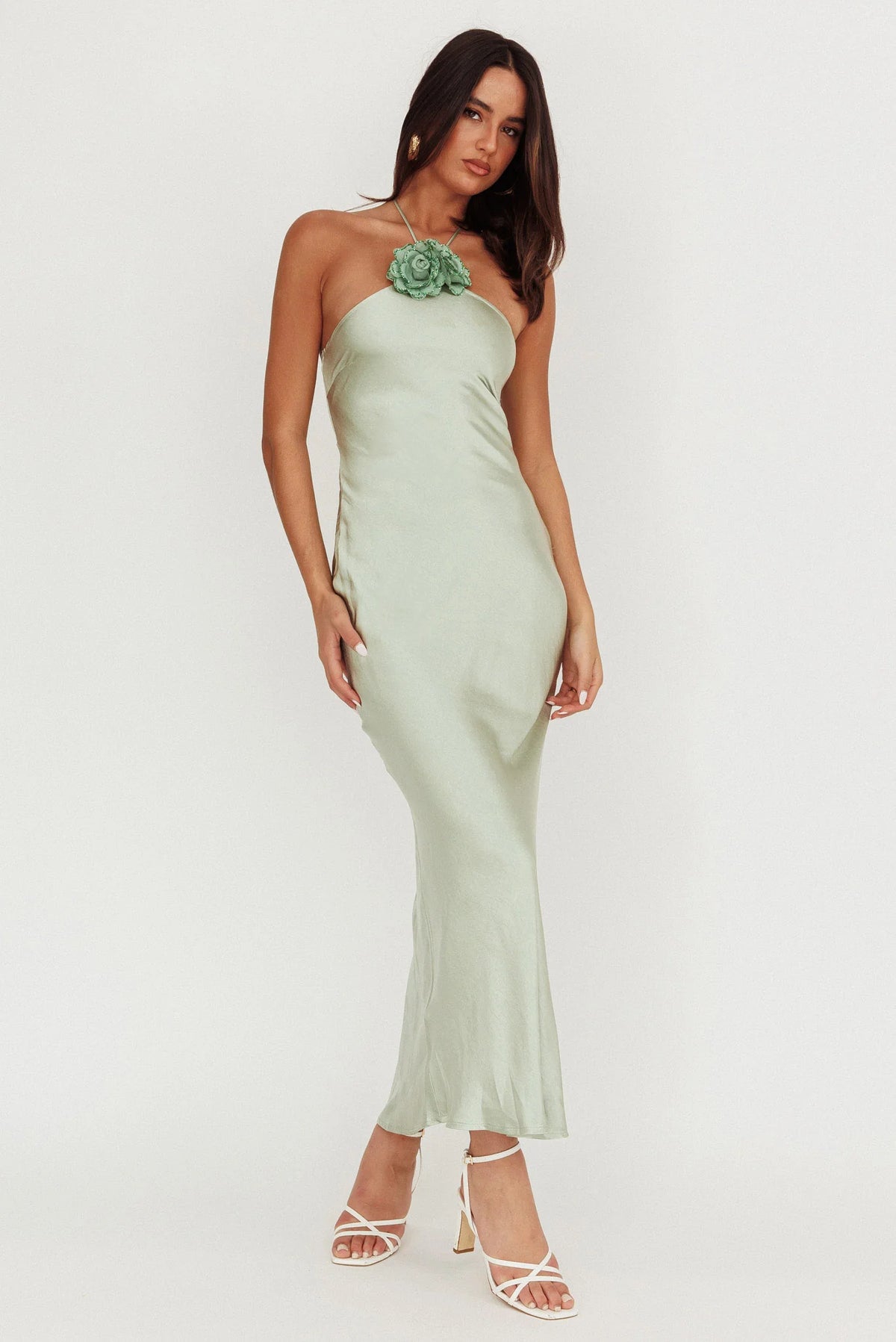 High Roller Flower Decoration Halter Dress Sage