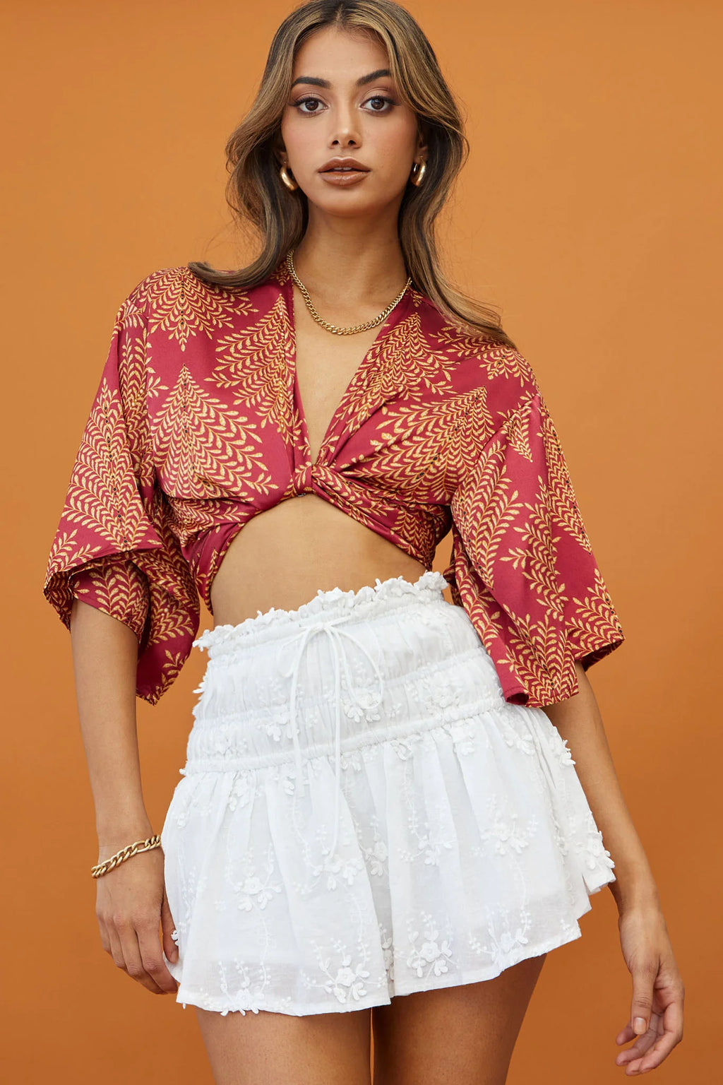 Rivera Deep-V Waist-Tie Top Leaf Print Wine