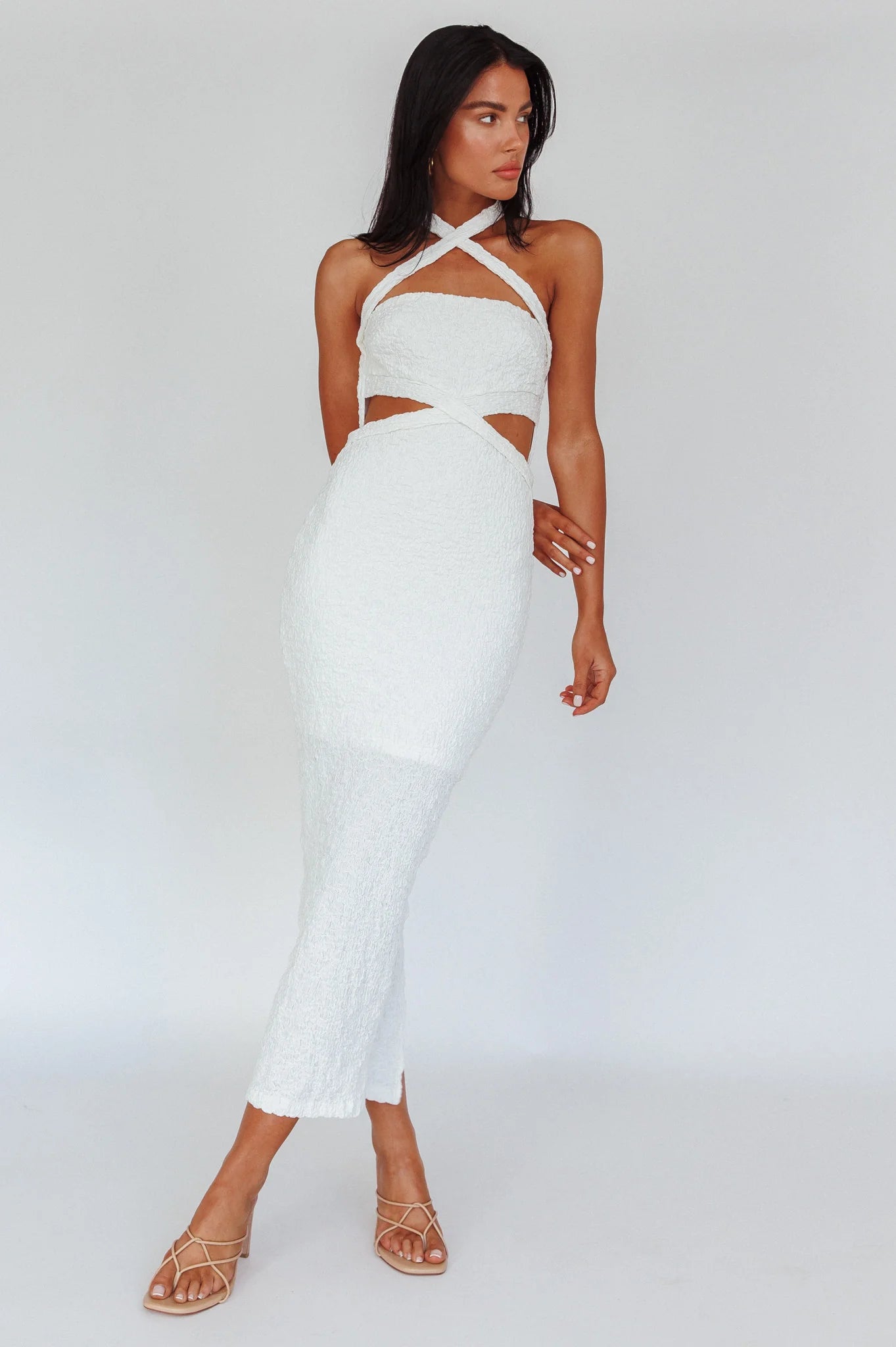 Zadriana Halterneck Textured Midi Dress White