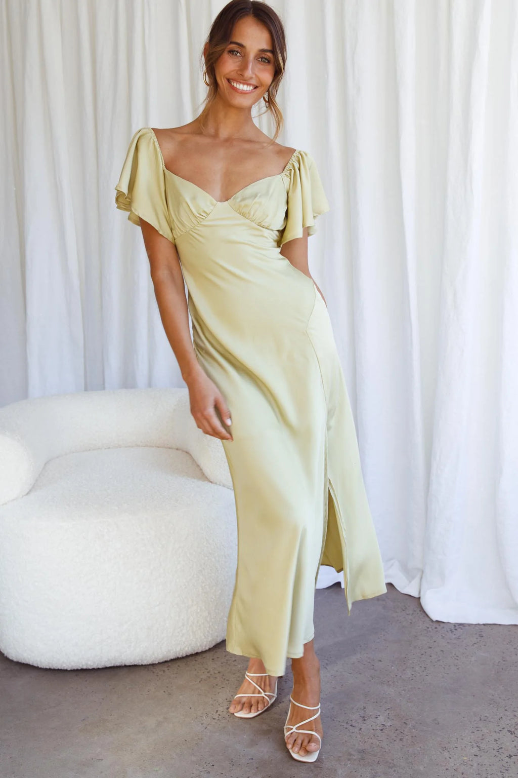 Park Avenue Flutter Sleeve Side Split Midi Dress Matcha