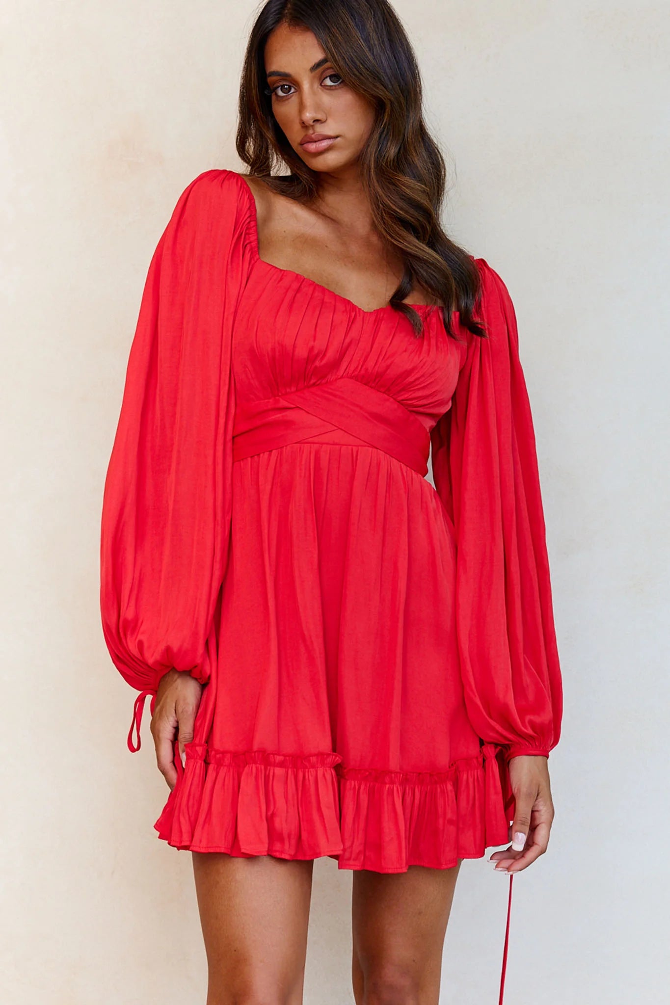 Linka On Or Off-Shoulder Long Sleeve Tie-Back Dress Red