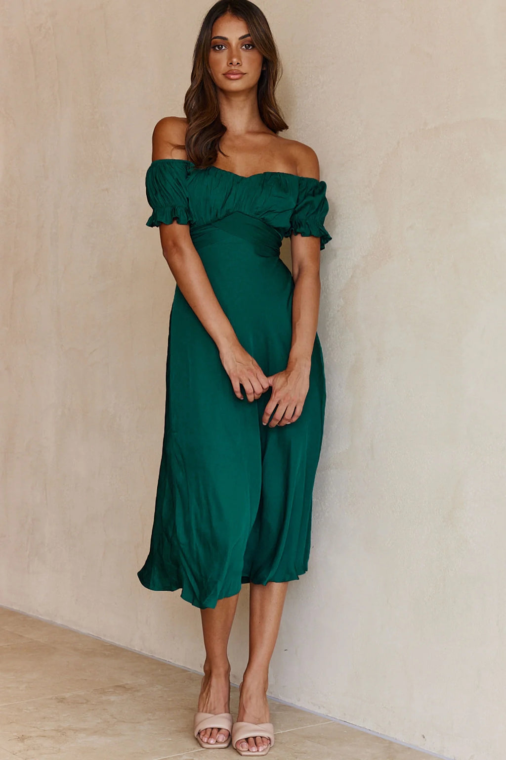 Linka Off-Shoulder Tie Back Midi Dress Forest Green