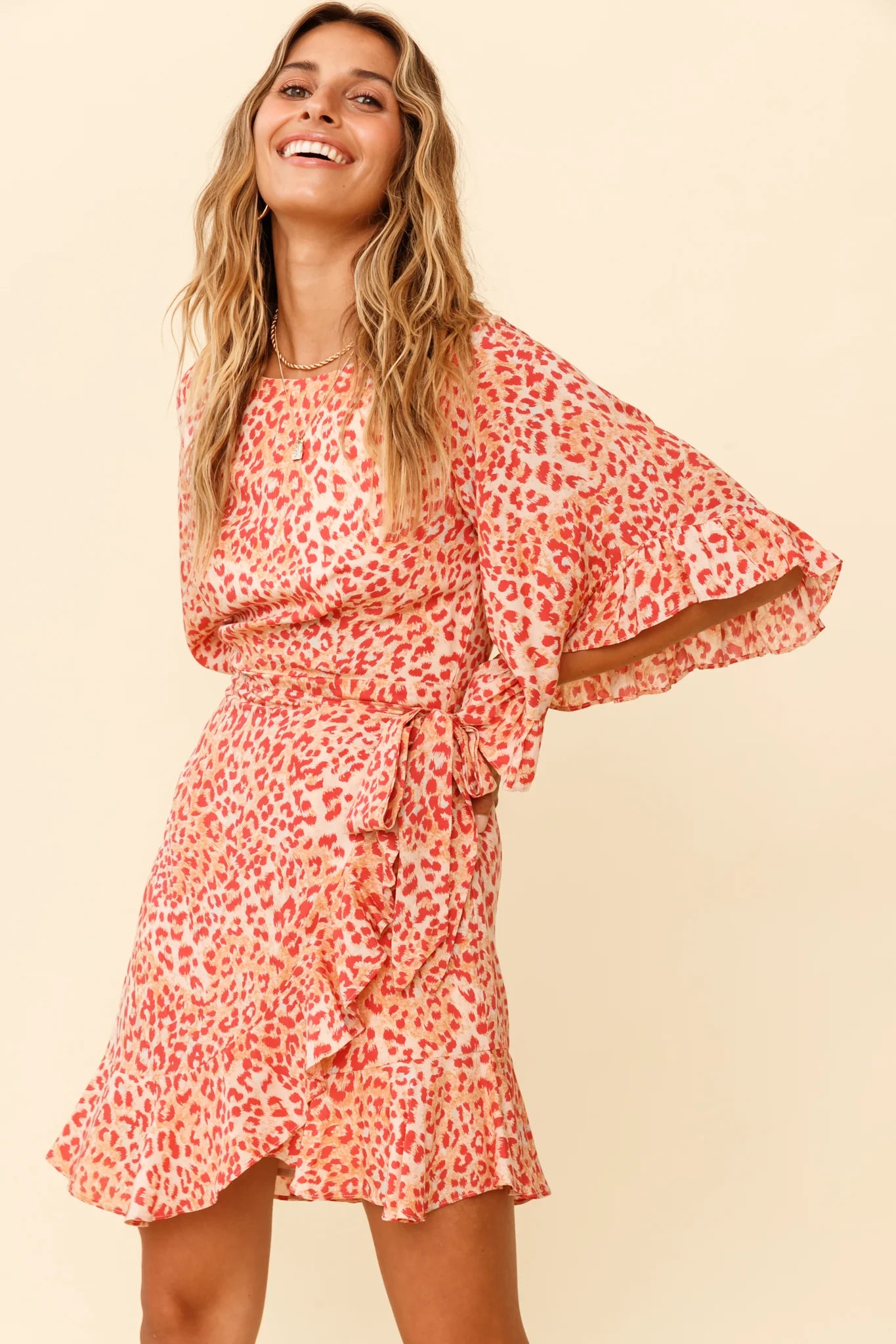 Make It Happen Flared Sleeve Ruffle Trim Dress Leopard Print Orange