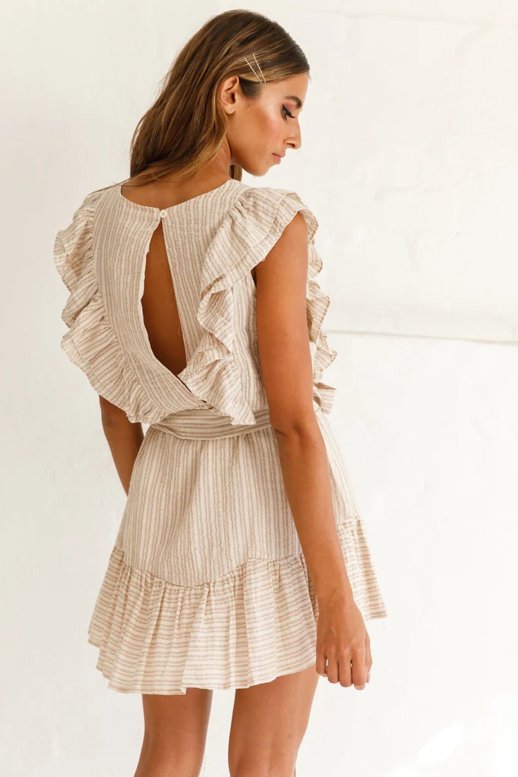 Easy Breezy Sleeveless Swing Dress Stripe Print Beige
