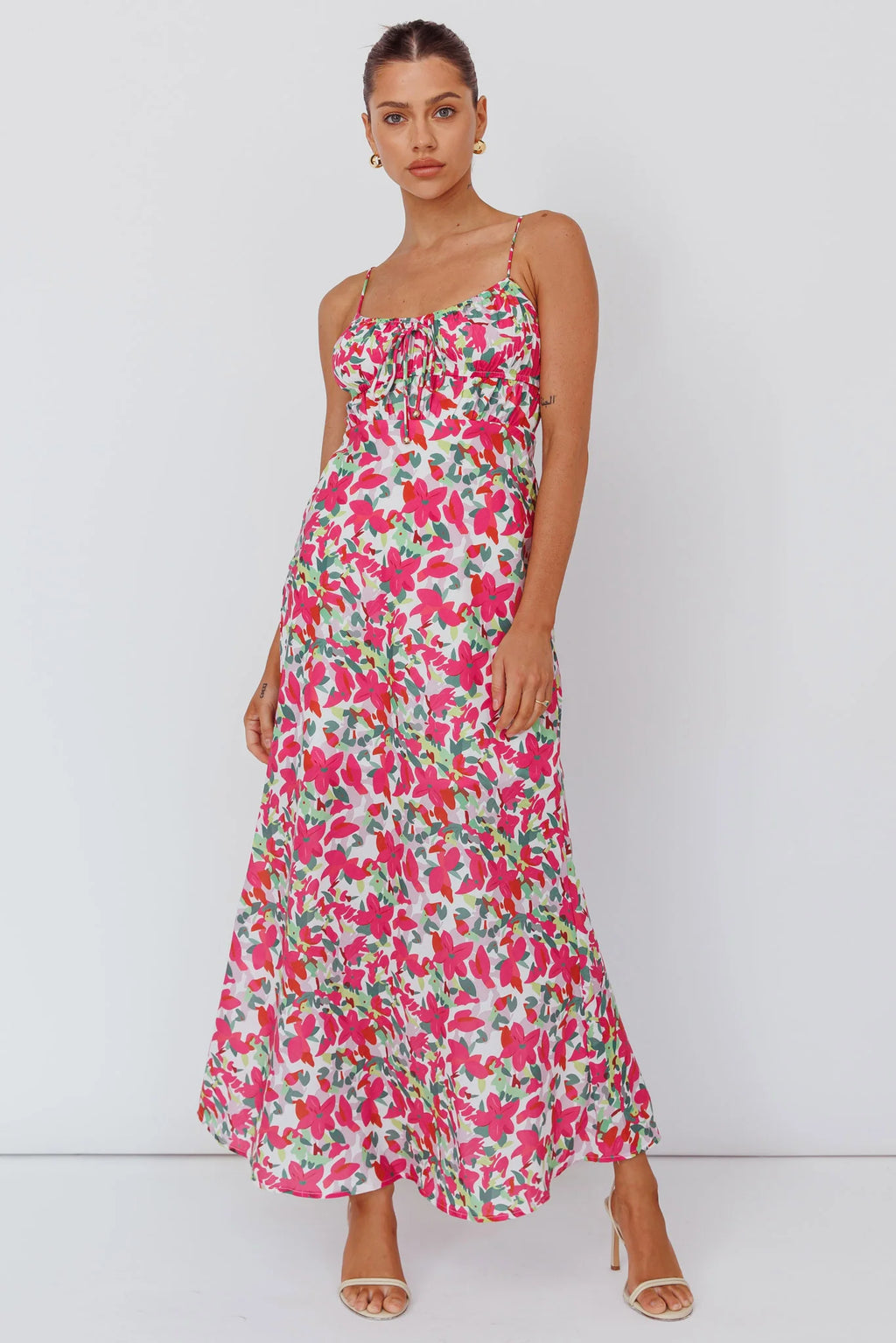Solstice Noon Tied Bust Midi Dress Print Pink