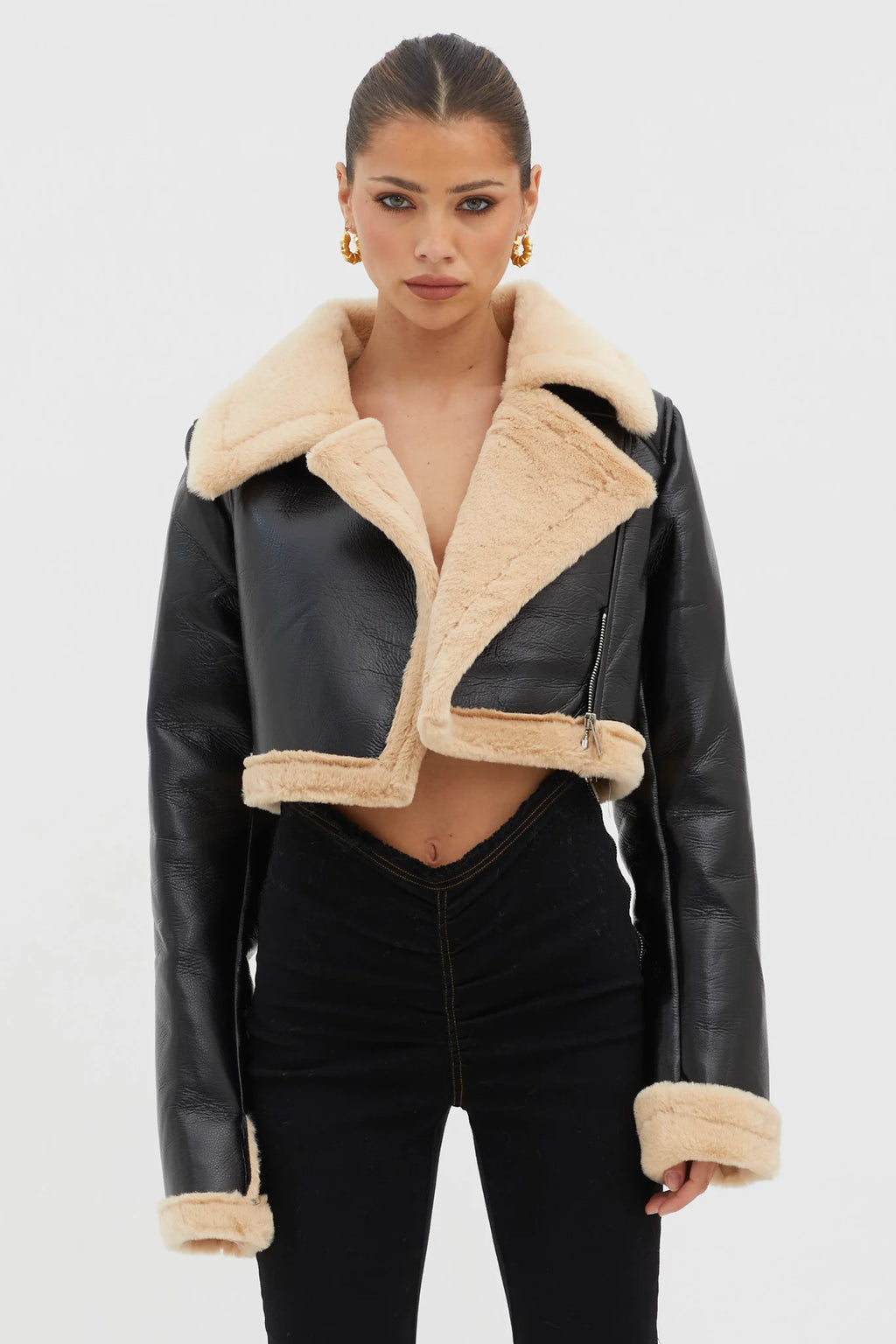 High Altitude Faux Fur Biker Jacket Black/Taupe
