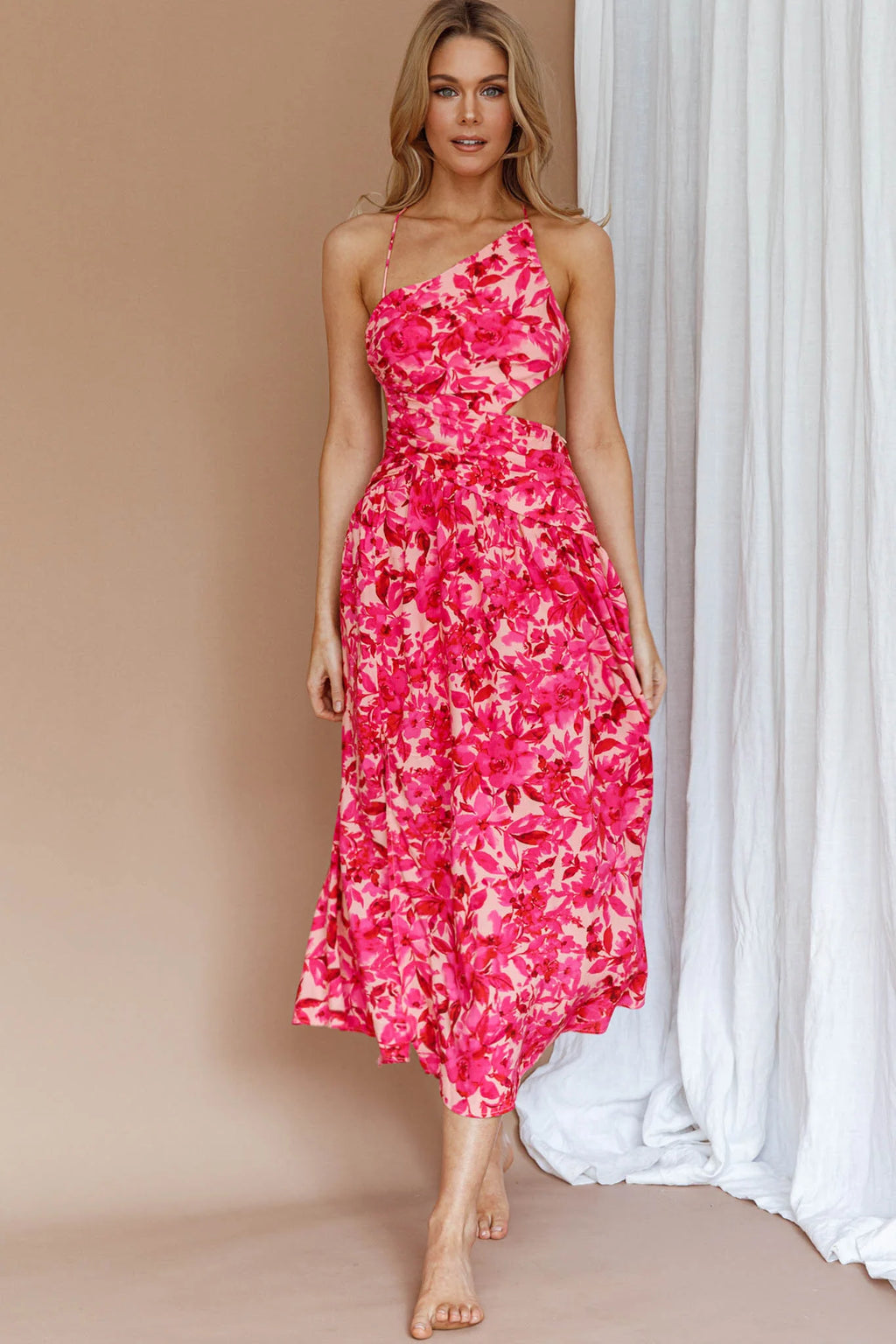 Destination Open Back Midi Dress Floral Pink