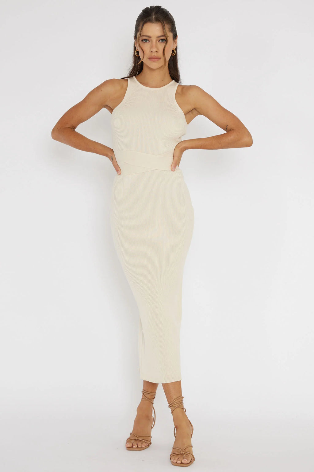 Charmed Me Ribbed Knit Midi Dress Cream