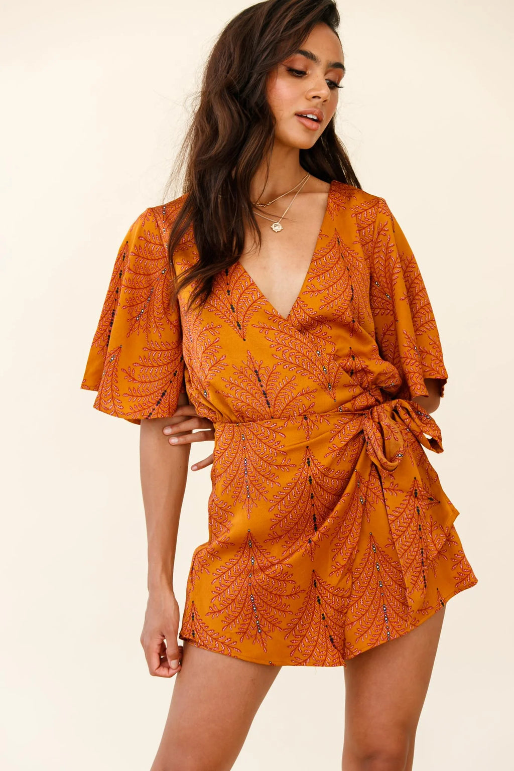 Nadi V-Neckline Wrap Romper Leaf Print Mustard