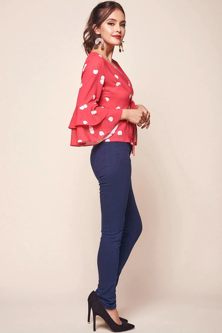 Robbi Cherry on Top Deep V Bell Sleeved Top Red