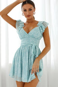 Lola Ruffle Shoulder Ruched Dress Leaf Print Blue