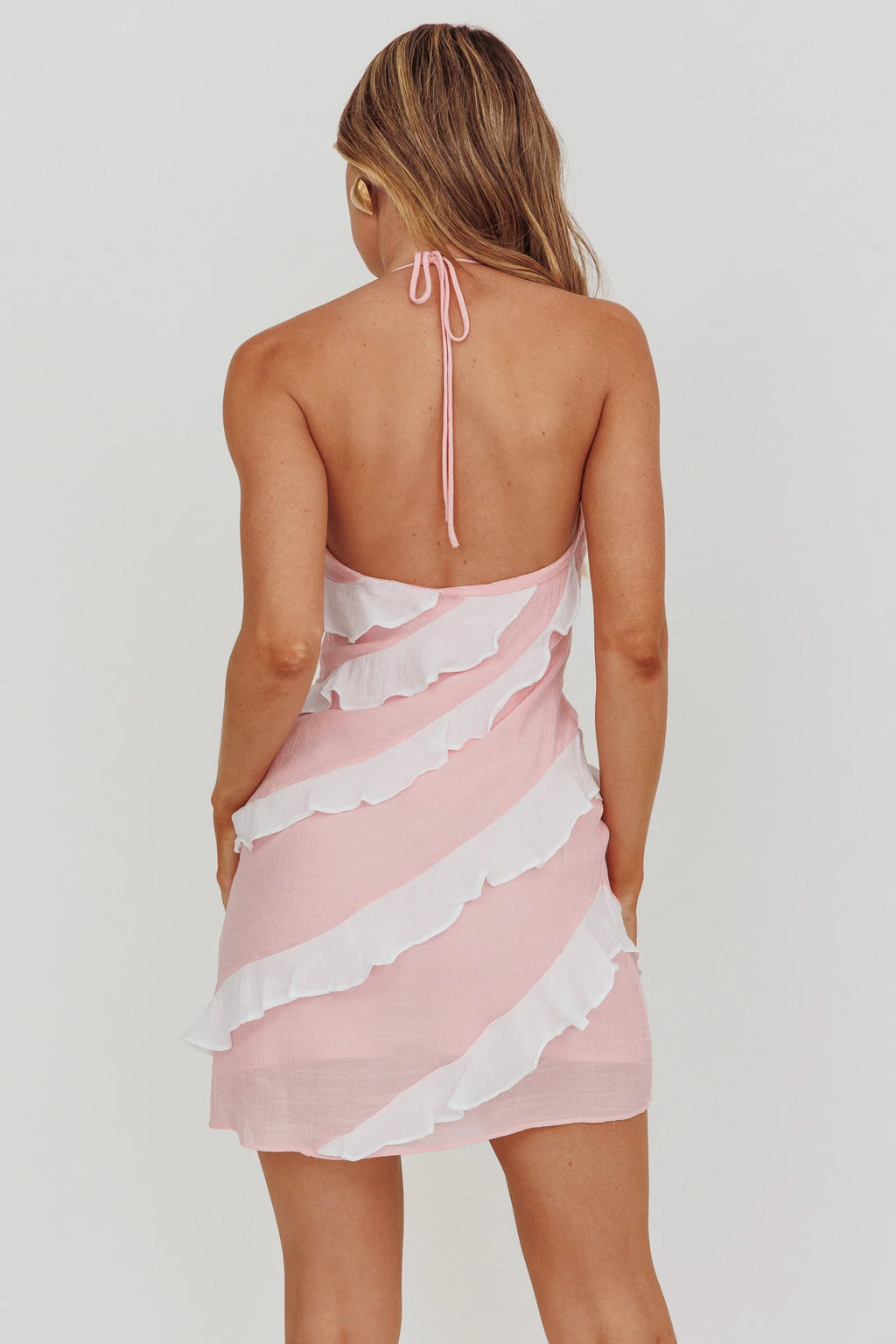 Arrabel Halterneck Contrast Ruffle Mini Dress Pink