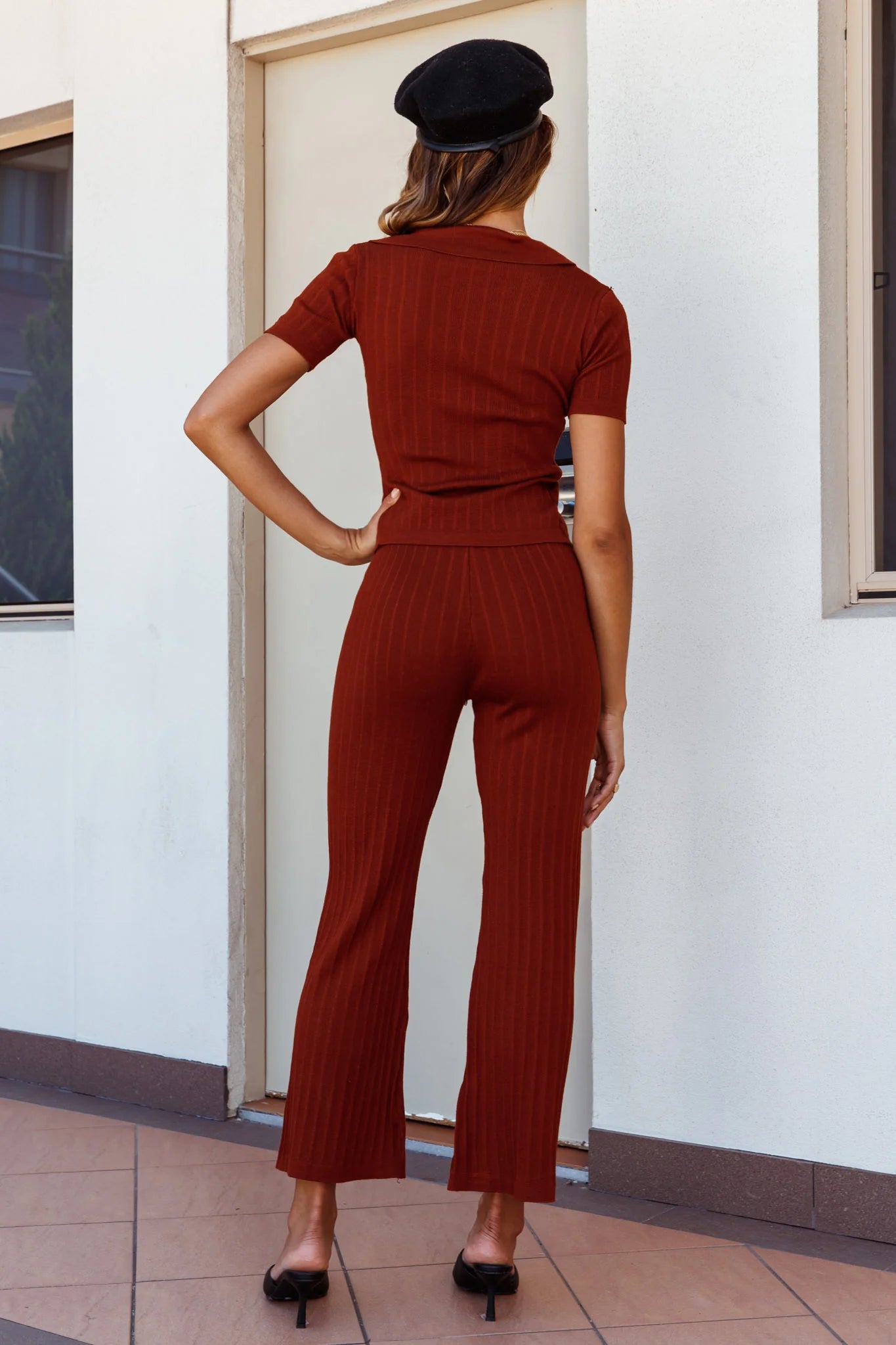 Tori Three-Button Collared Knit Top Mocha
