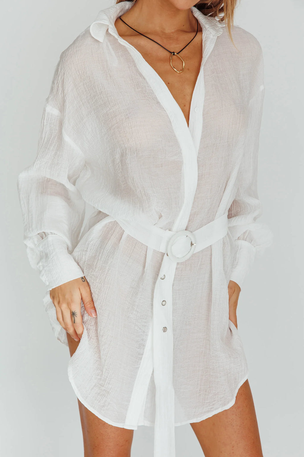 Sady Long Sleeve Shirt Mini Dress White