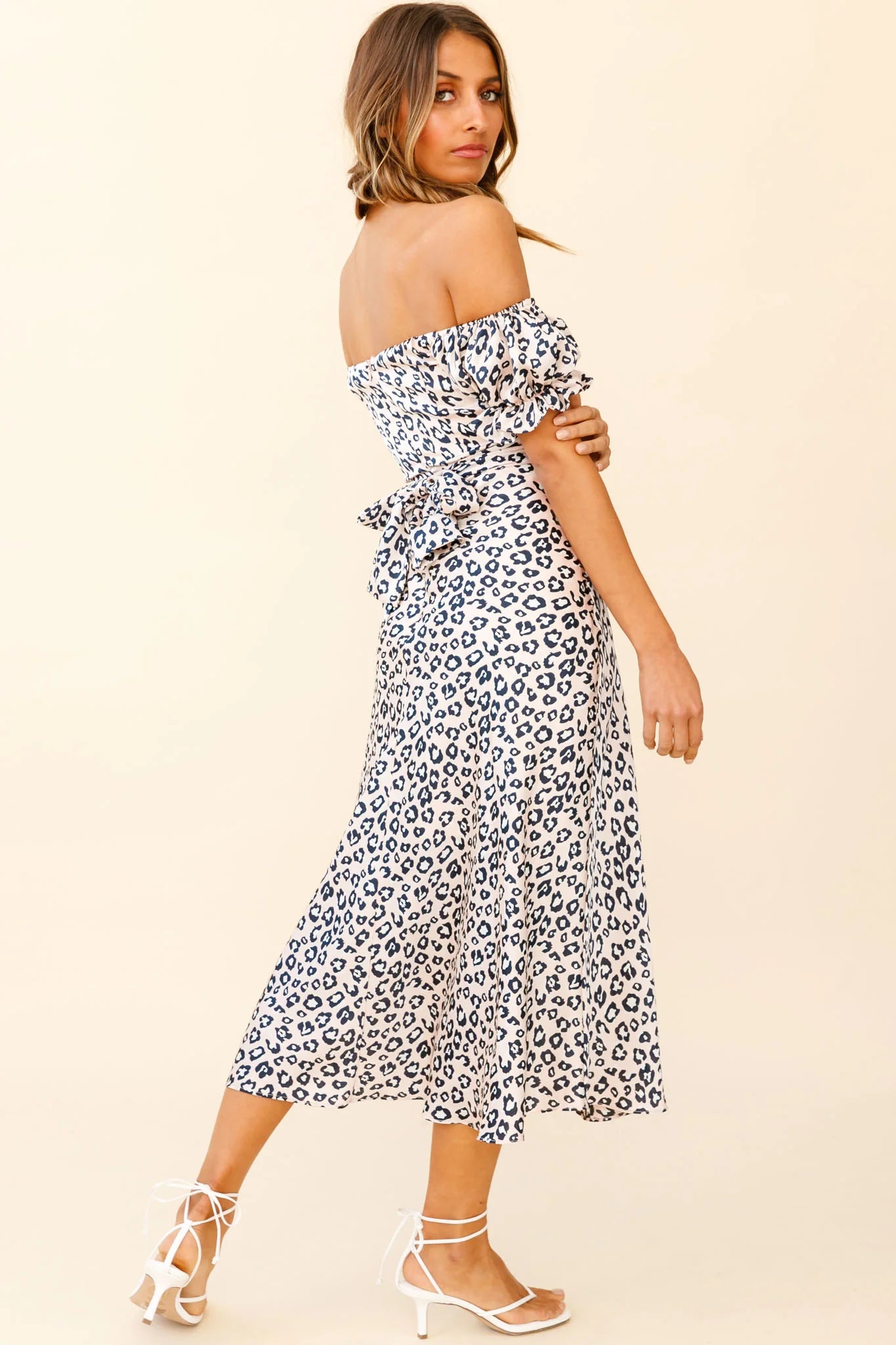 Linka Off-Shoulder Tie Back Midi Dress Leopard Print Pink