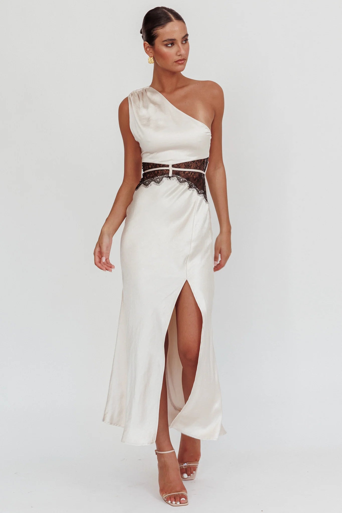 Tarly Lace Waist One-Shoulder Maxi Dress Champagne