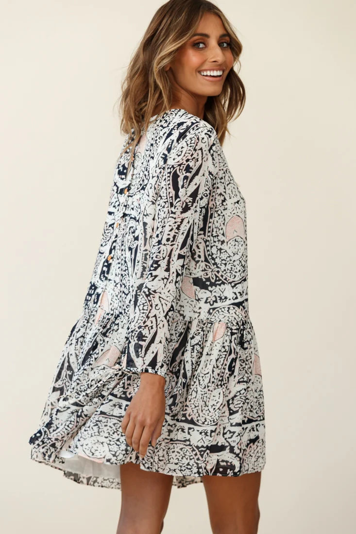 Mina Long Sleeve Button Back Shift Dress Ornate Print Navy