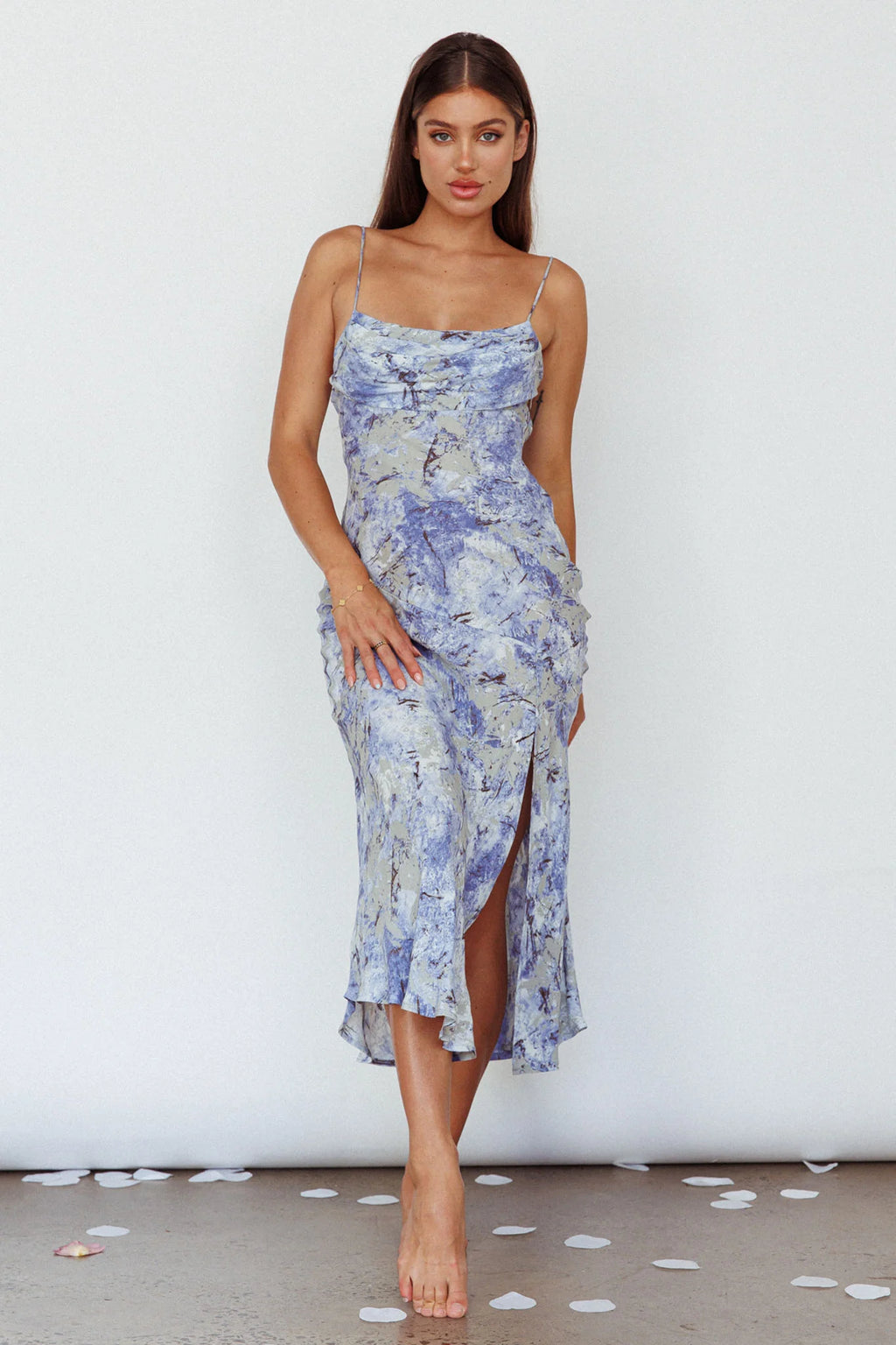 Well Versed Pleated Bust Front Split Dress Marble Print Blue