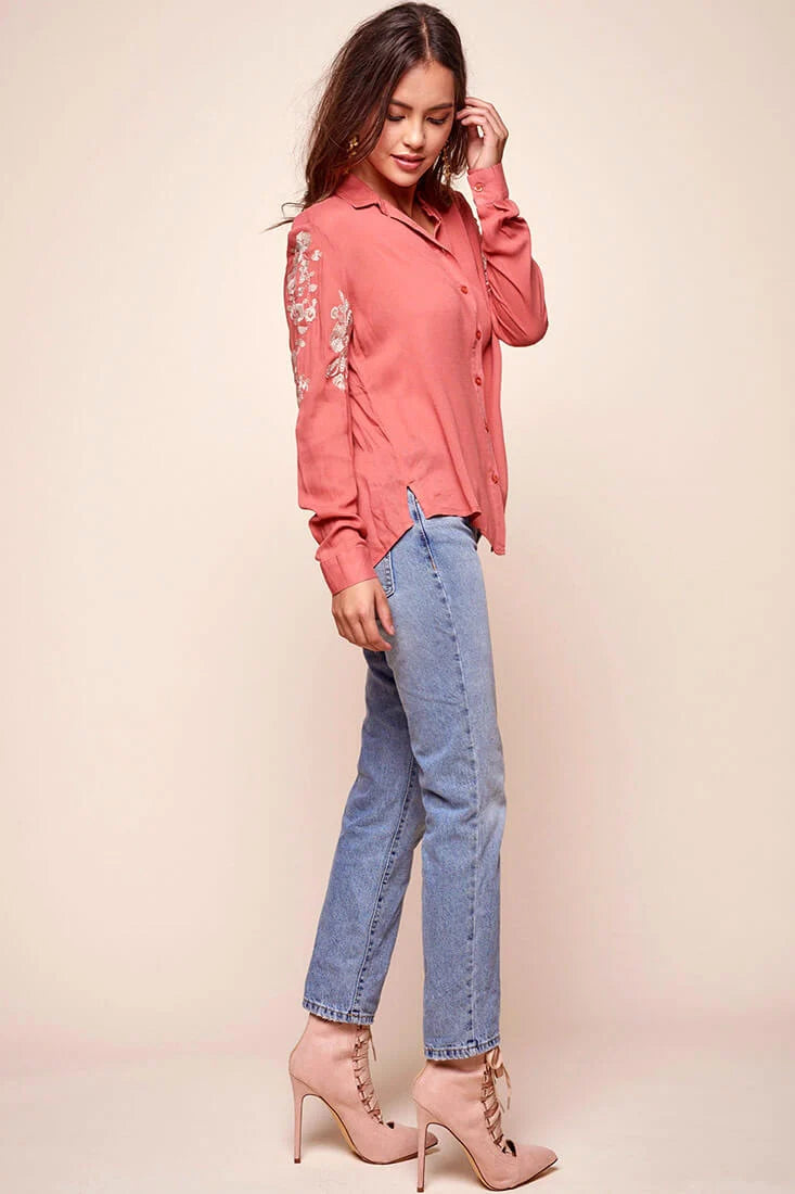 Issa Floral Sleeved Button Up Top Rust