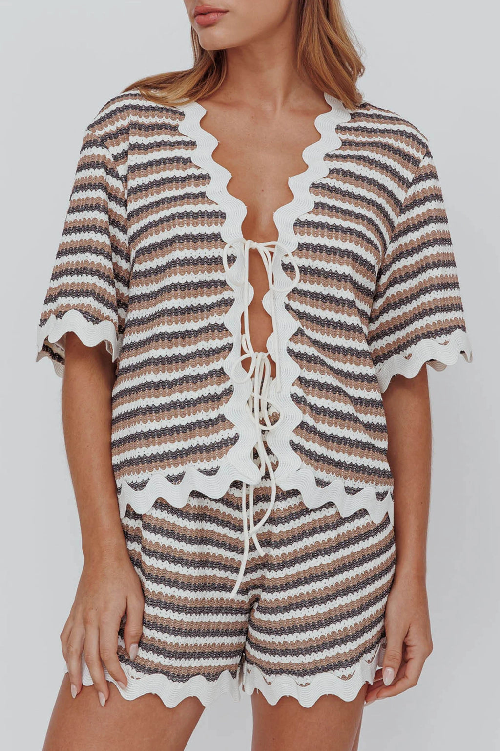 Breakaway Tie Front Shirt Stripe Mocha