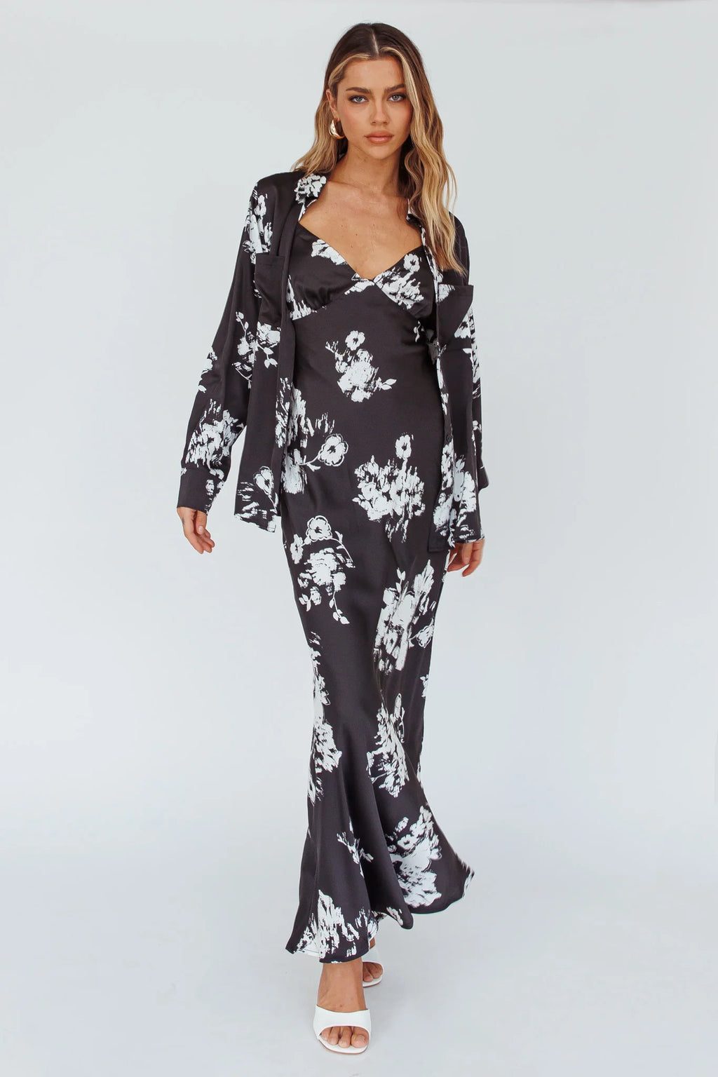 Dillon Long Sleeve Satin Shirt Floral Black