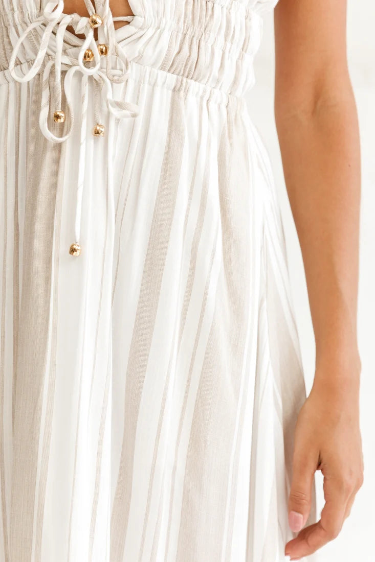 Hosanna Drawstring Detail Pocket Midi Dress Stripe Print Mocha