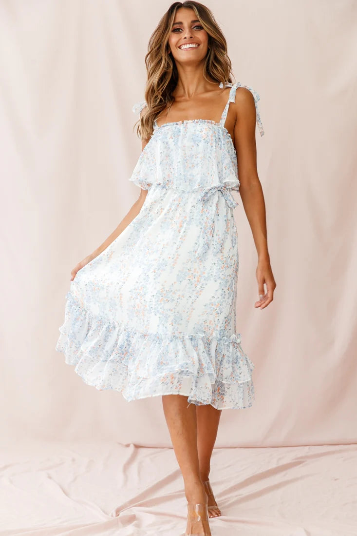 Maeve Shoulder Tie Layered Ruffle Dress White