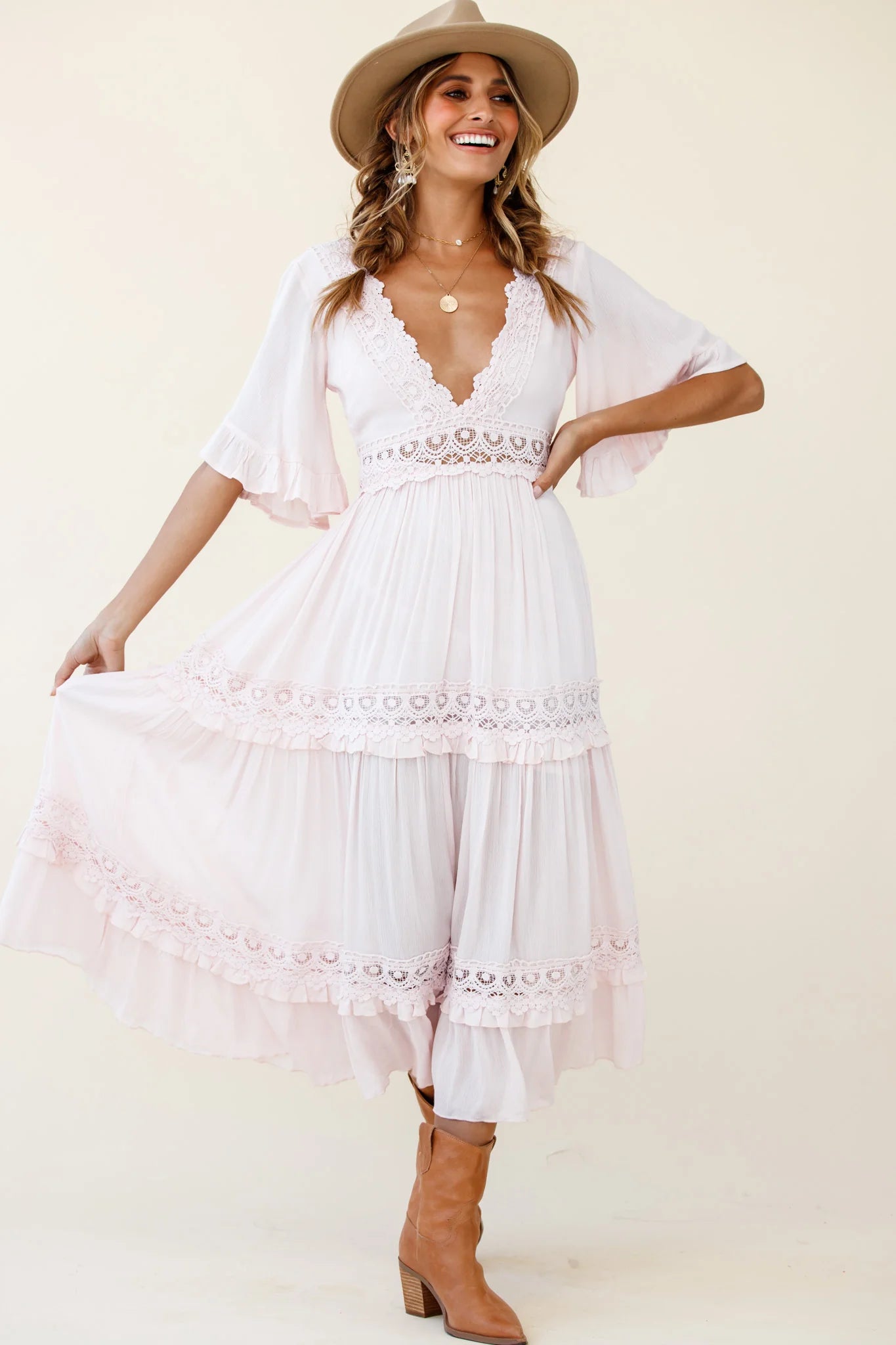 Indio Crochet Insert Deep V-Neckline Angel Sleeve Maxi Dress Pink
