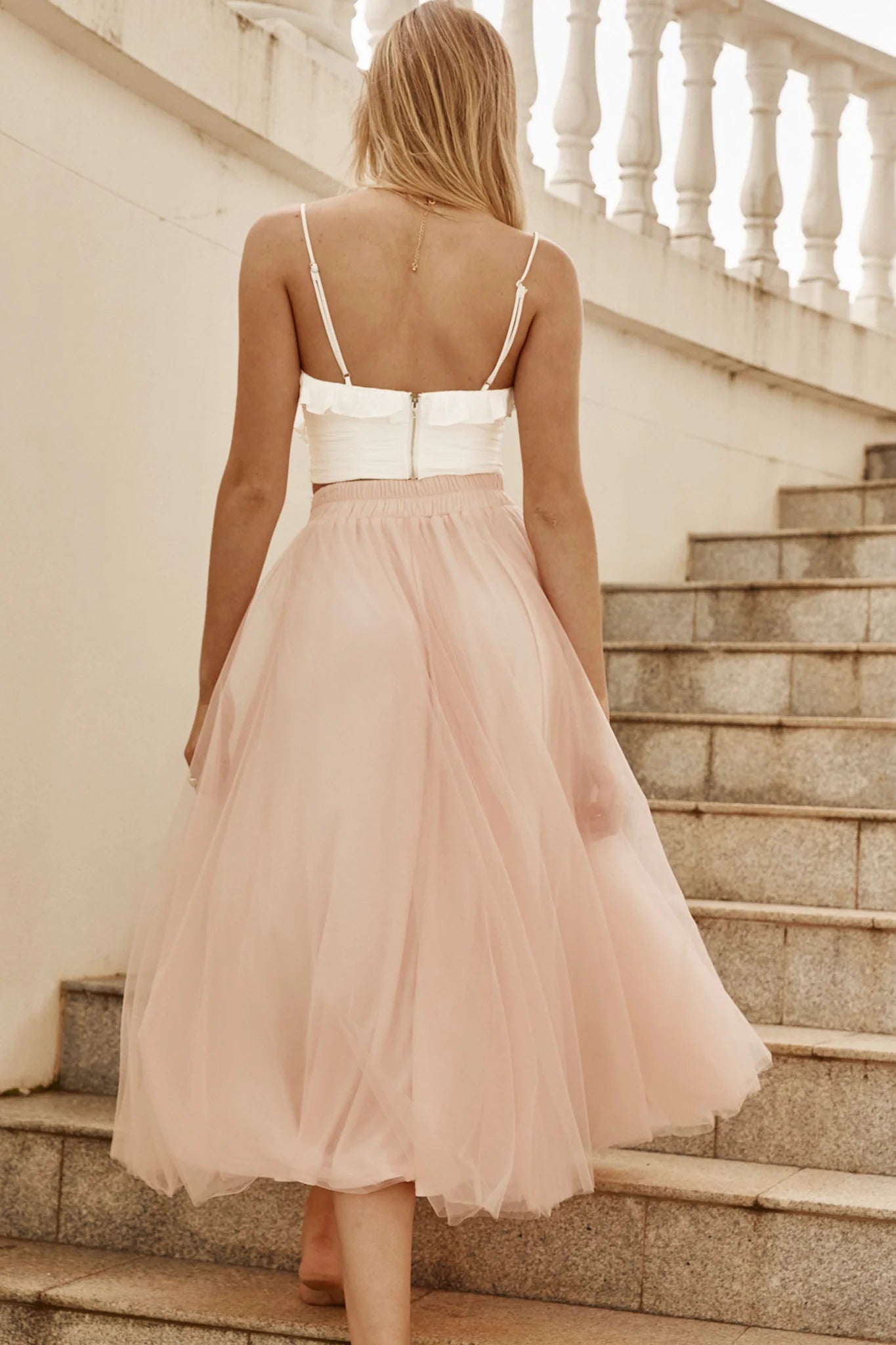 Jasmine Organza Mesh Elasticated Waist Midi Skirt Baby Pink
