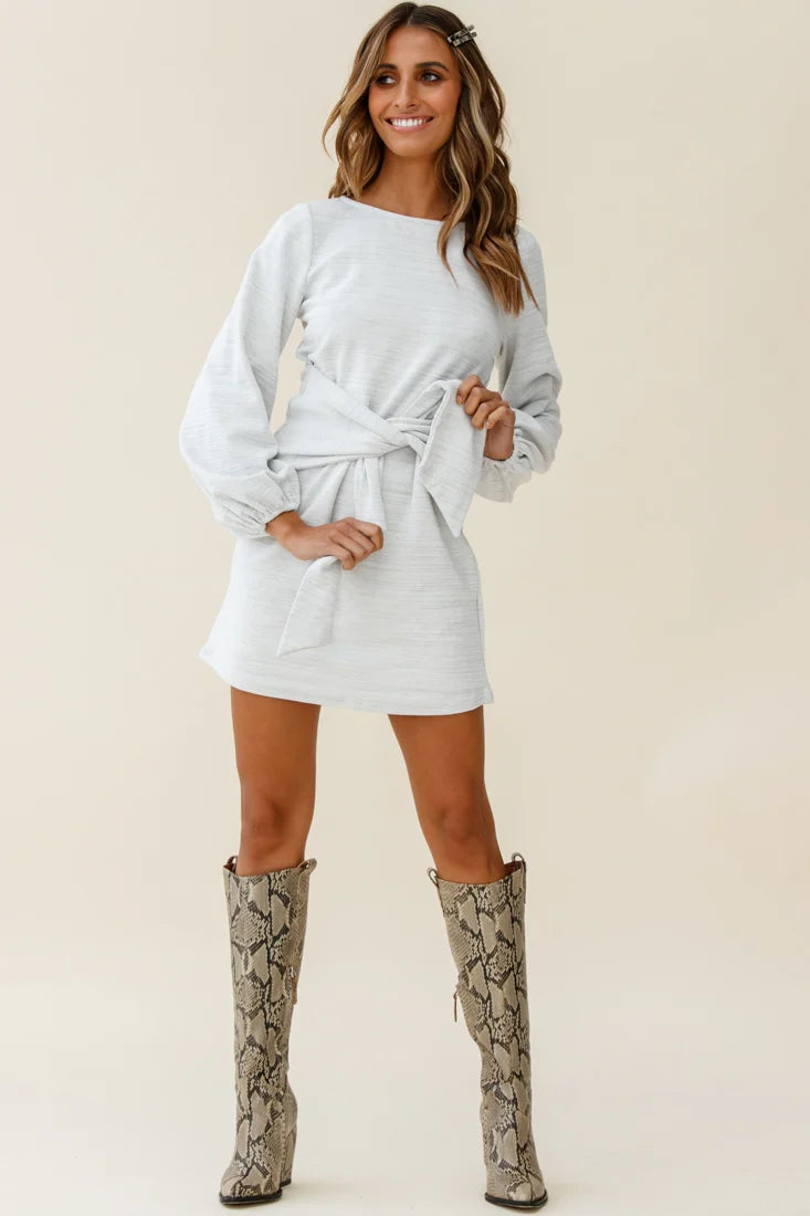 Rapt Waist Tie Bishop Sleeve Knit Dress Steel Grey