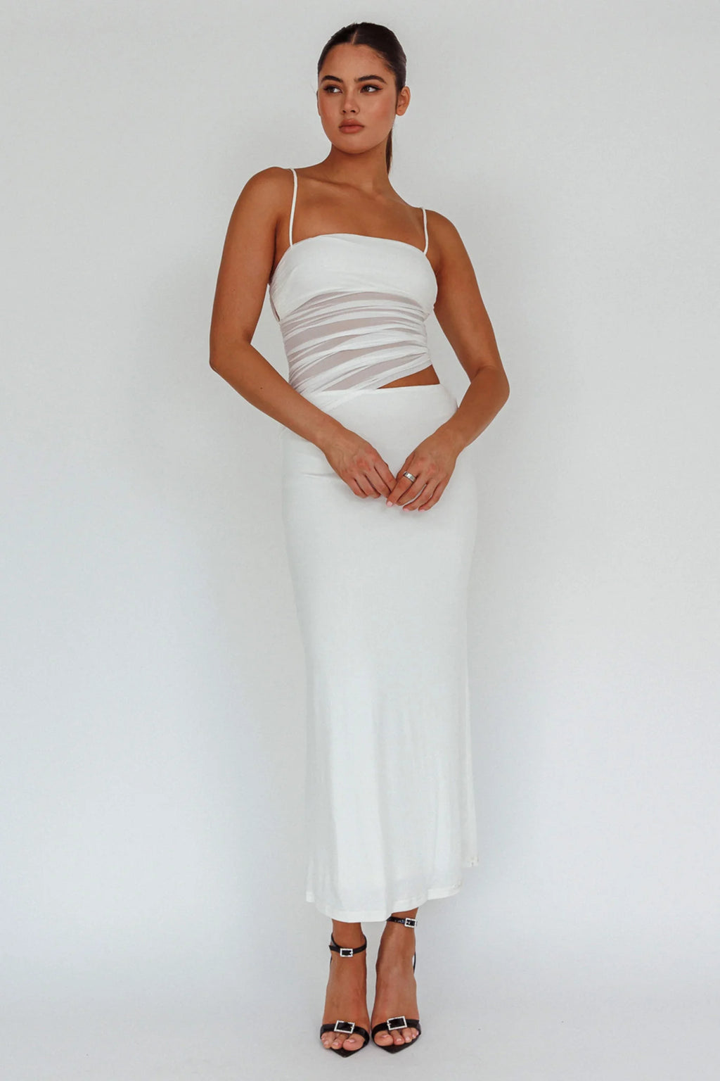 Lorely Ruched Bodice Midi Dress Vanilla