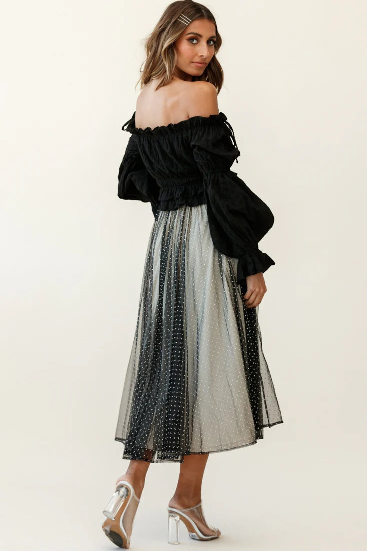 Jasmine Hail Spot Mesh Midi Skirt Black