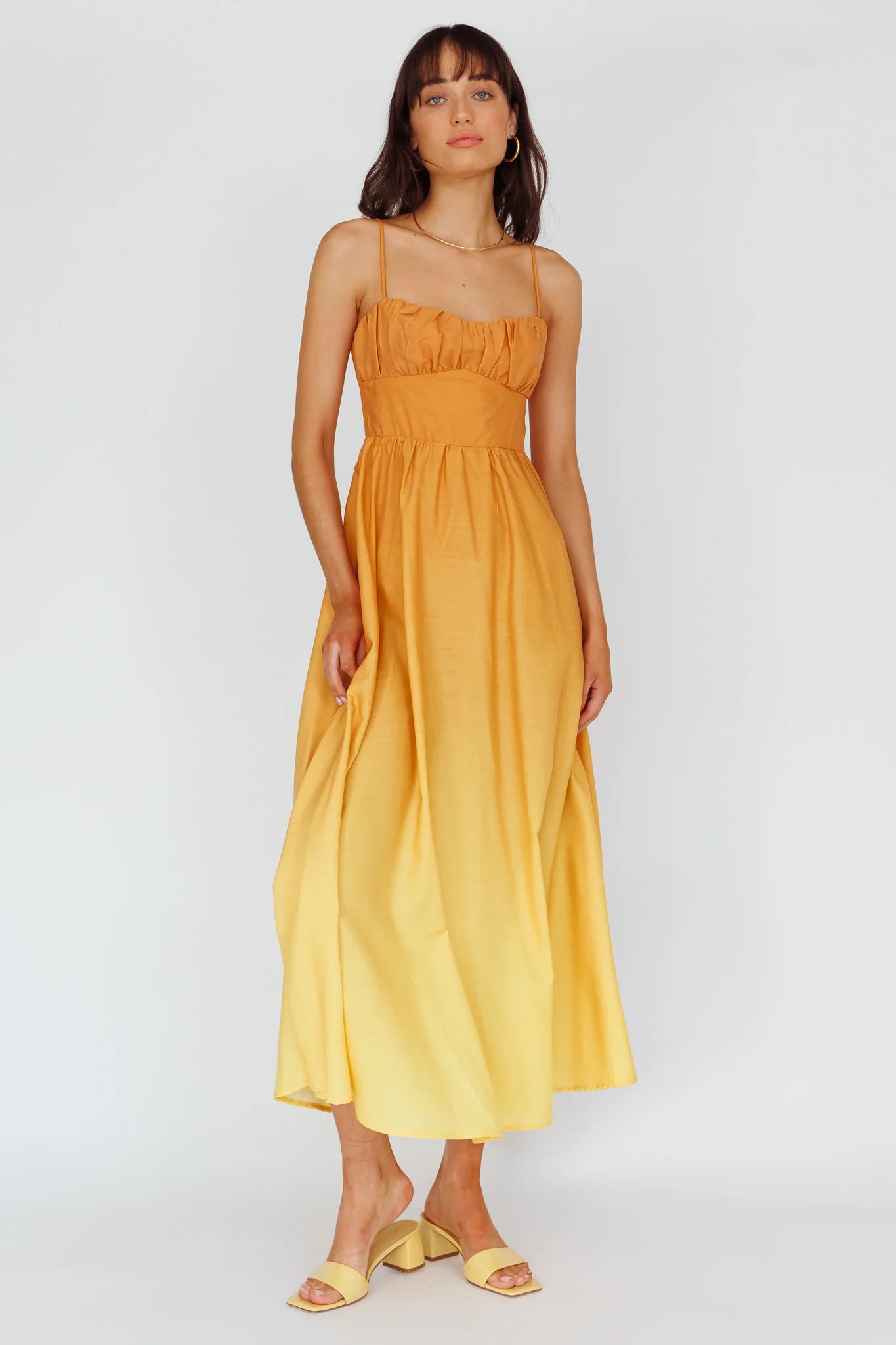 Clarabelle Gathered Bust Midi Dress Gradient Orange