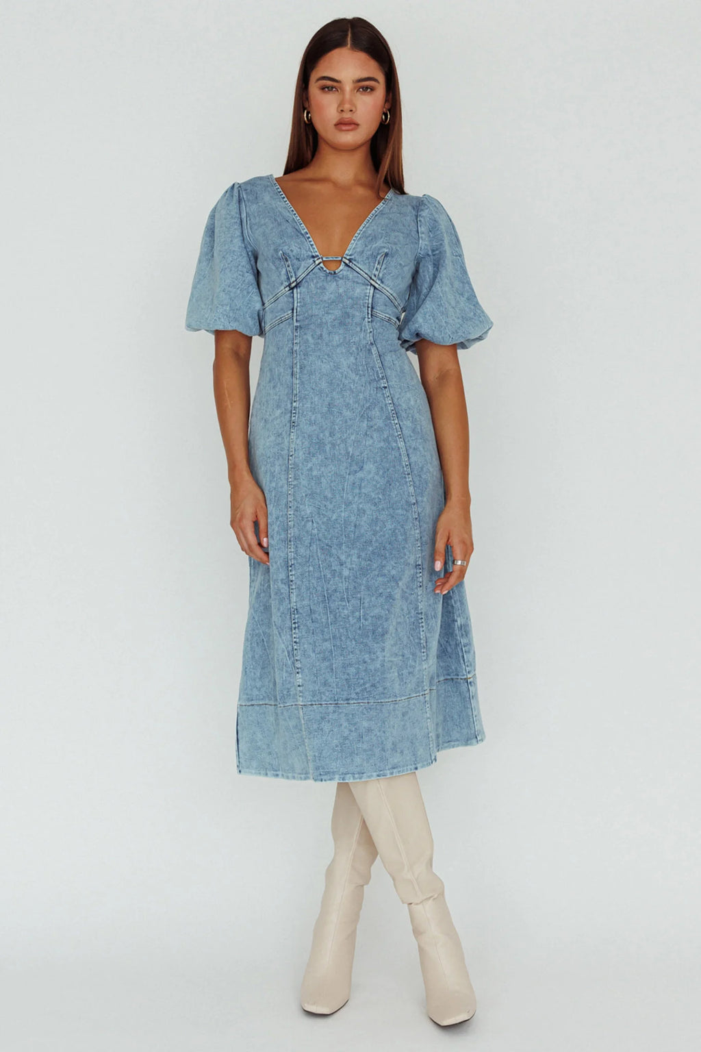 Elias Puff Sleeve Midi Dress Denim