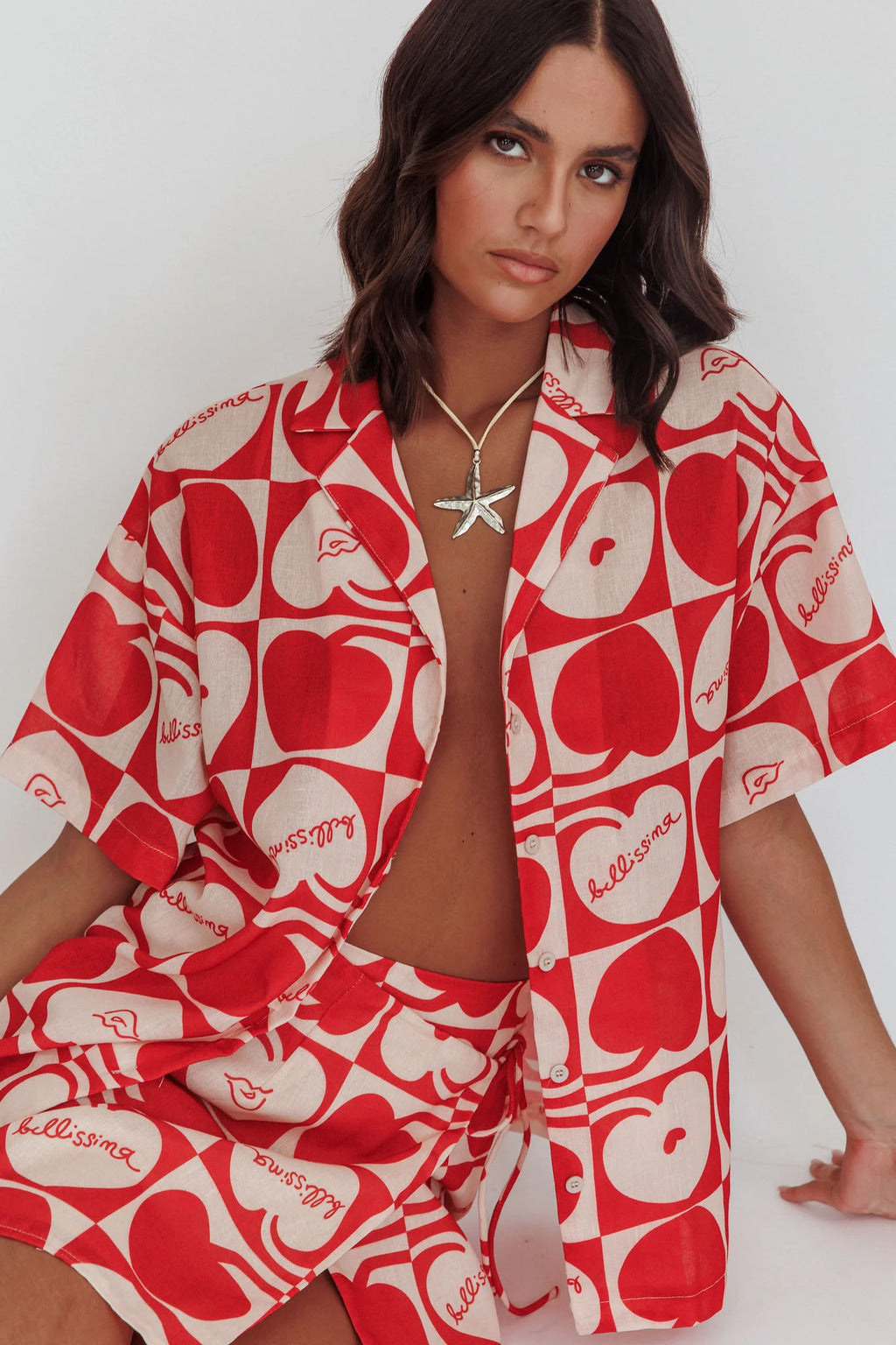 Ithaca Cherry Print Short Sleeve Shirt Red Beige