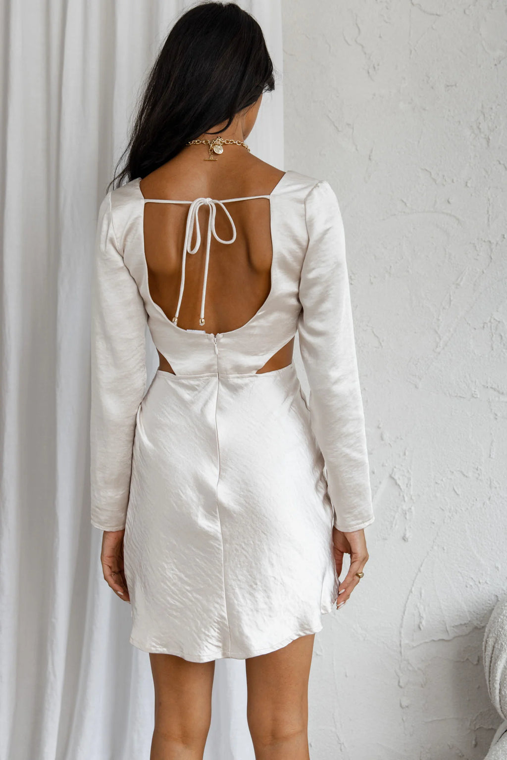 Shaken Not Stirred Cut-Out Waist Long Sleeve Pleat Mini Dress Champagne