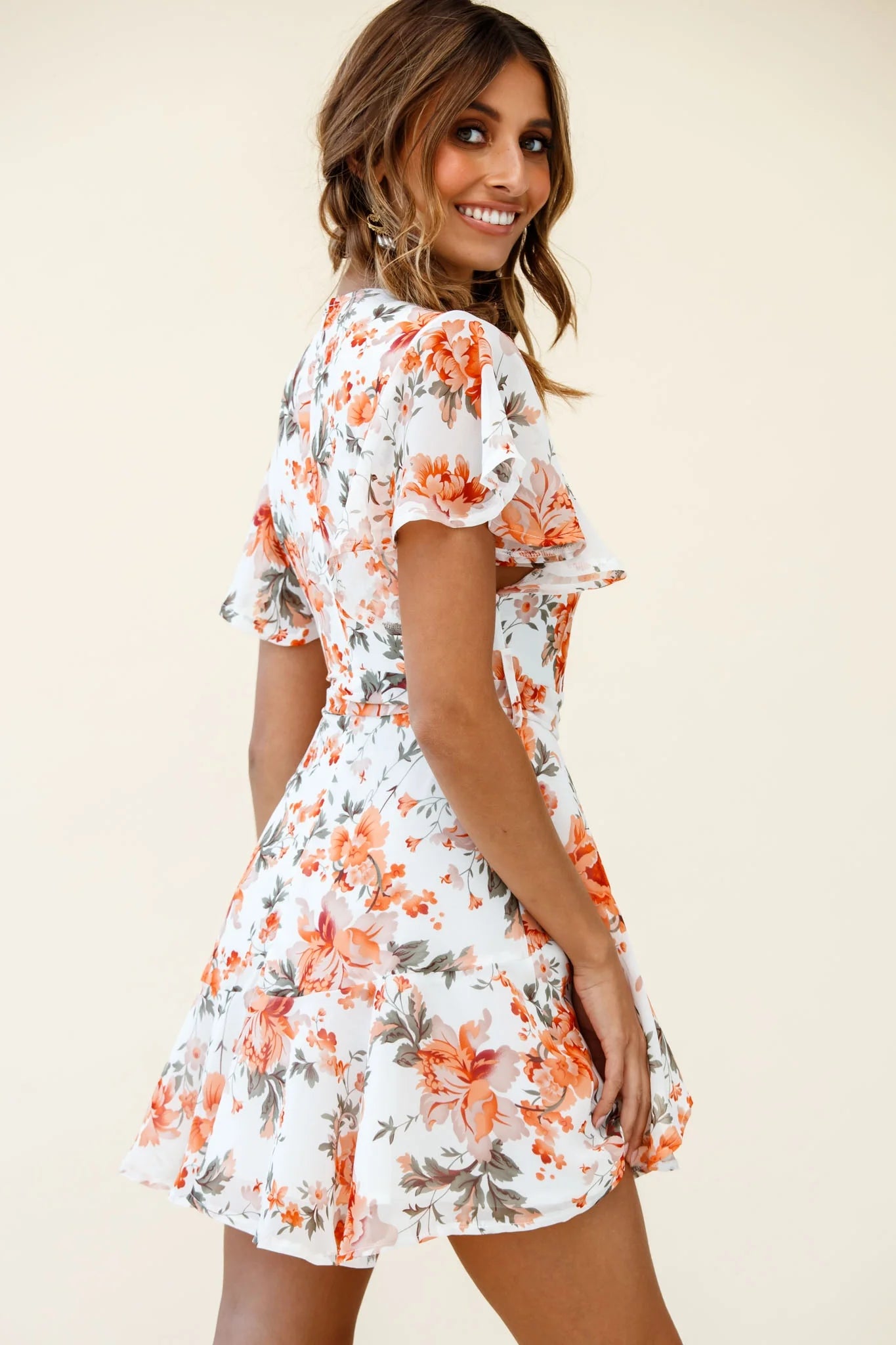 Cami Angel Sleeve Faux Wrap Dress Rose Print Orange