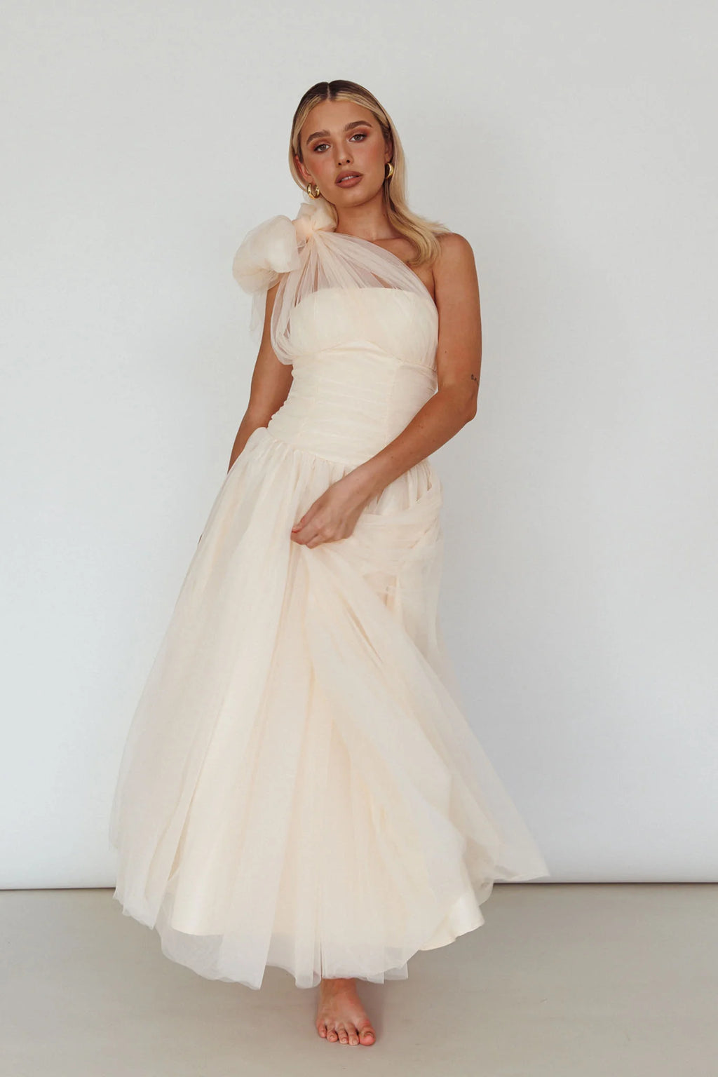 Let's Elope Bow Shoulder Midi Dress Butter