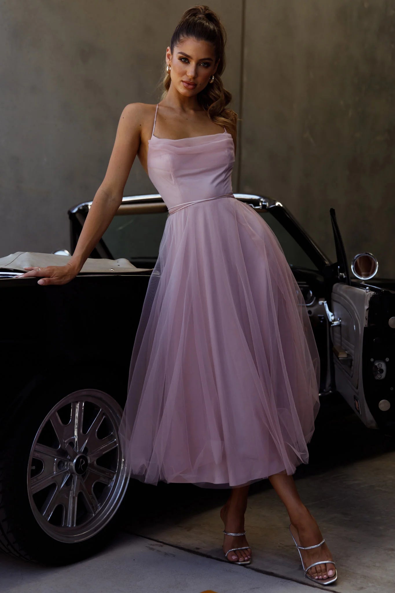Floating By Pleated Neckline Mesh Midi Dress Blush