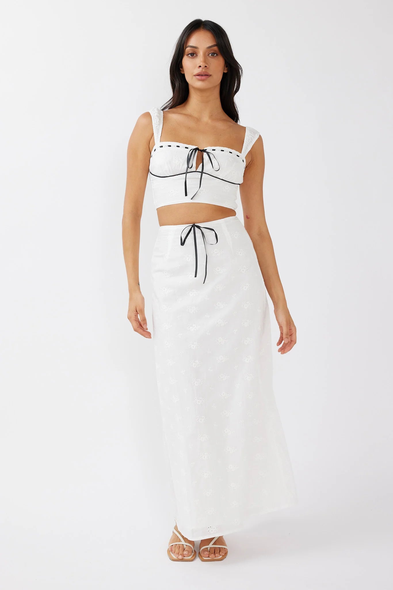 Helga Eyelet Embroidery Bow Crop Top White